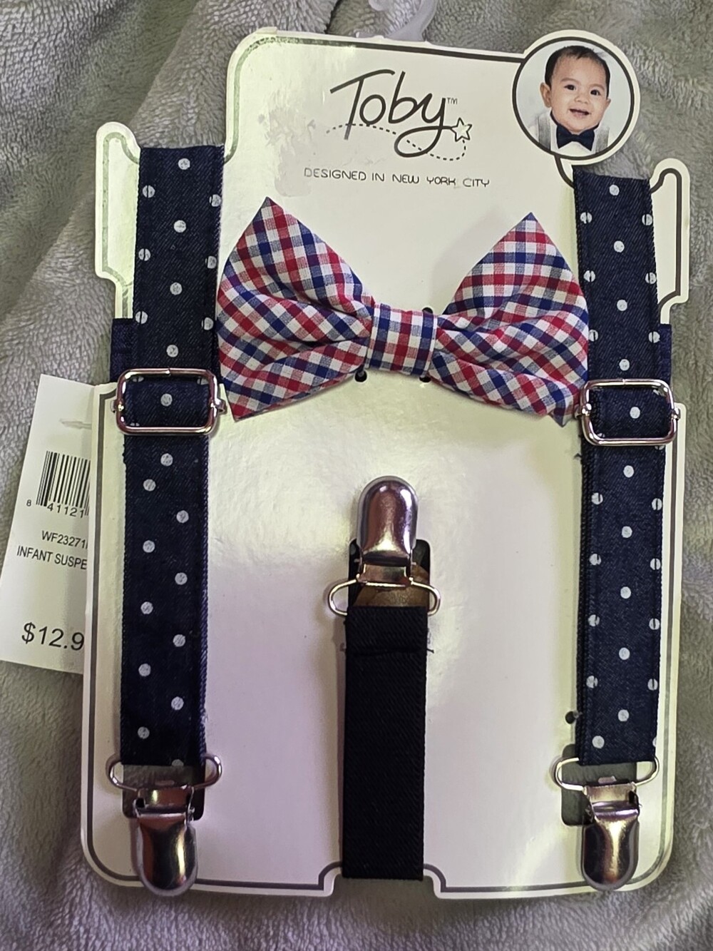 Unbranded Kids Navy Polka Dot Suspenders with Red & Blue Plaid Bow Tie